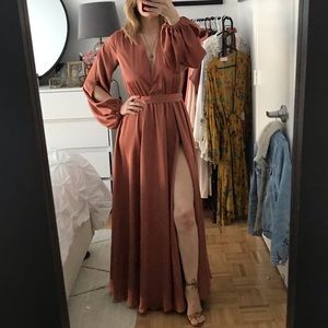 🌿 Michael Costello Coral Satin Gown w/ High Slit